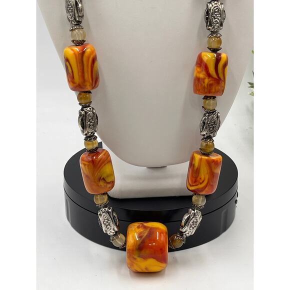 Vintage Yellow Red Orange Swirl Amber Cherry Butterscotch Bakelite Necklace 150g - Picture 3 of 11